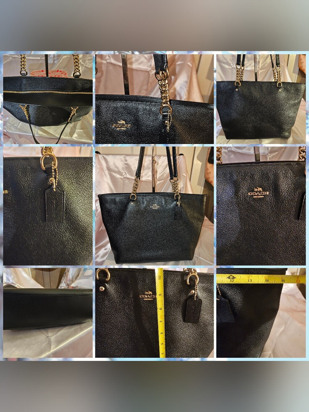 Coach Authentic Sophia Black Tote Pebbled Leather with Gold Chain Straps